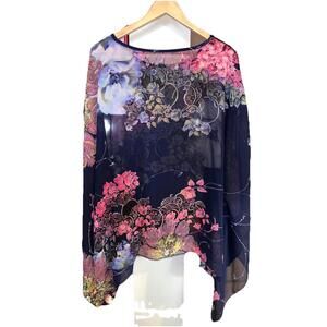 Unbranded Navy Blue Floral Boho Sheer Tunic Blouse One Size
